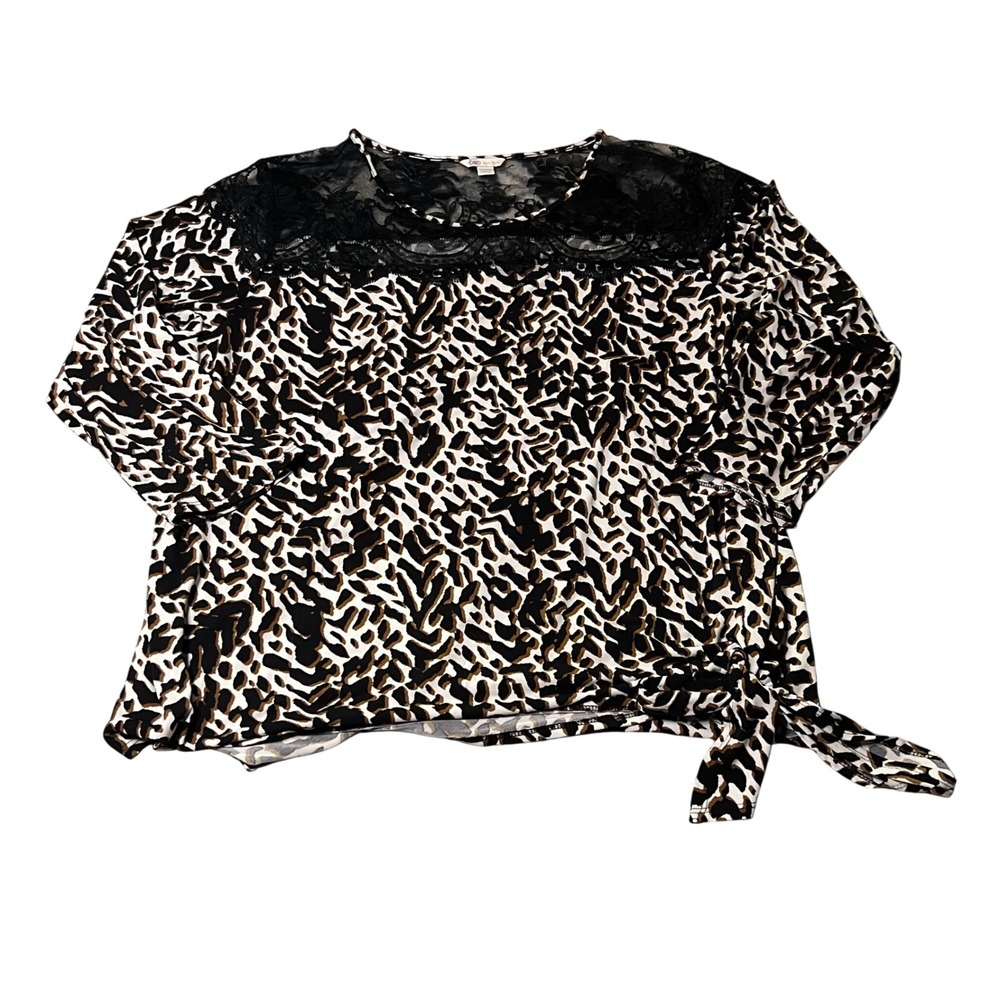Cato‎ Leopard Print Lace Yoke Side Tie Blouse Womens 18/20W Black Brown Knit Top